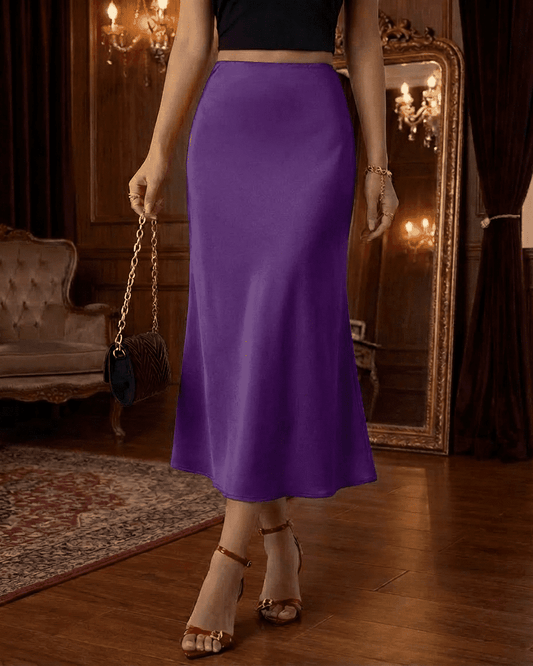 Amethyst Midi Skirt by Lauven, elegant satin mermaid midi skirt in vibrant purple, perfect for modern wardrobes.