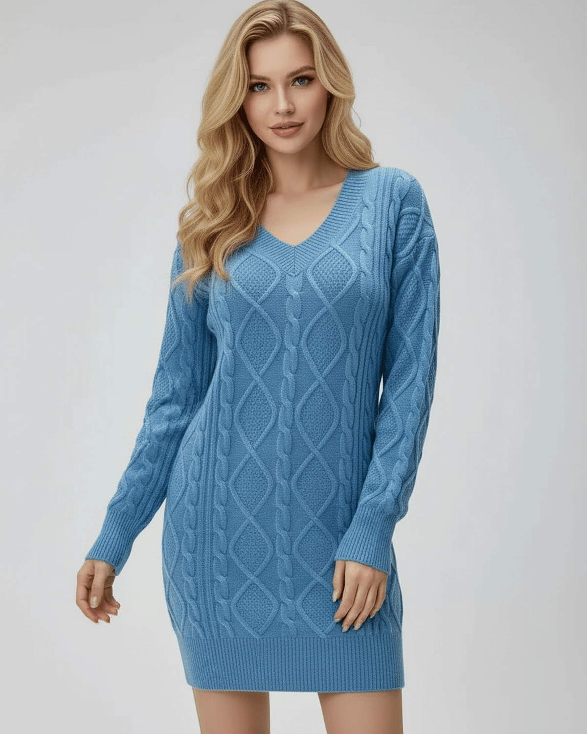 Arden Knit Dress by Lauven – Blue Cable Knit Long Sleeve Sweater Dress, perfect for autumn and winter style.