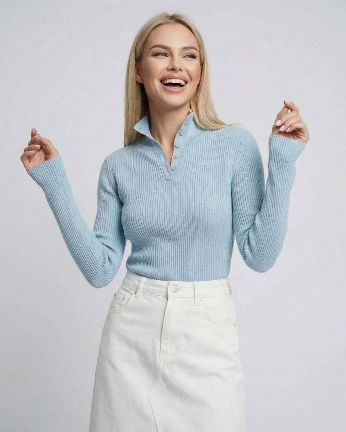 Arden Long Sleeve - Women’s blue long sleeve shirt in ribbed knit by Lauven, featuring a button collar and slim fit.
