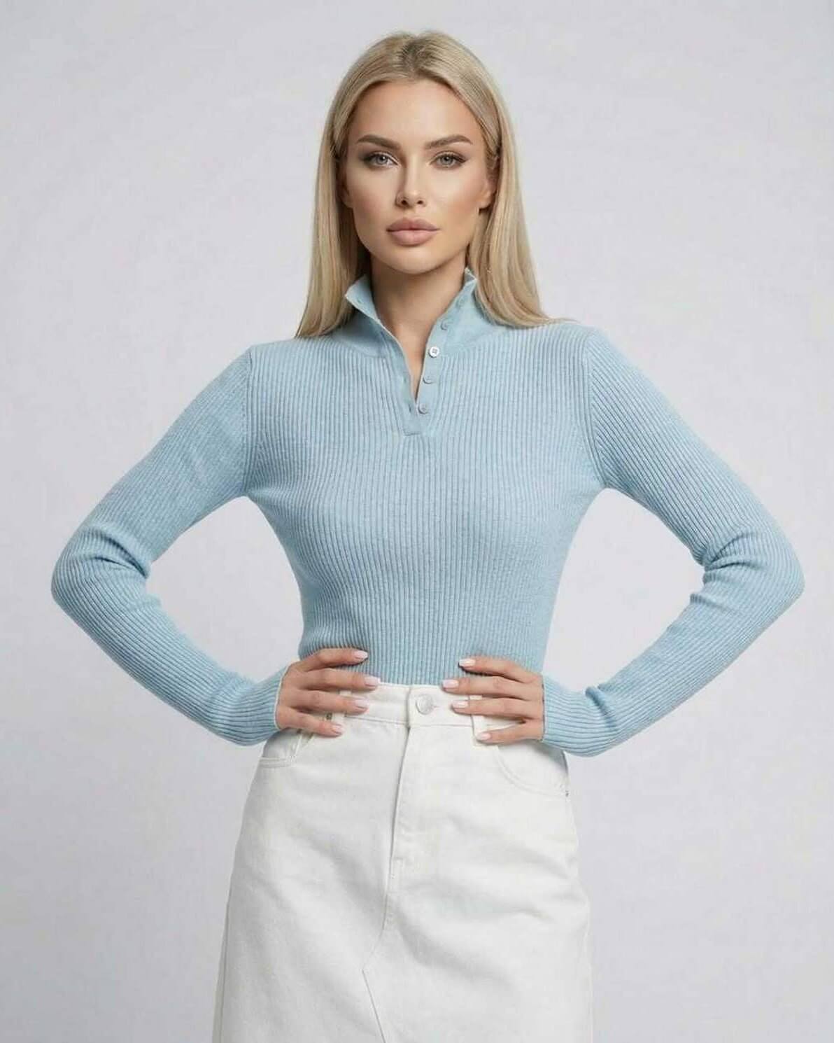 Arden Long Sleeve - Women’s blue long sleeve shirt in ribbed knit with button collar by Lauven.
