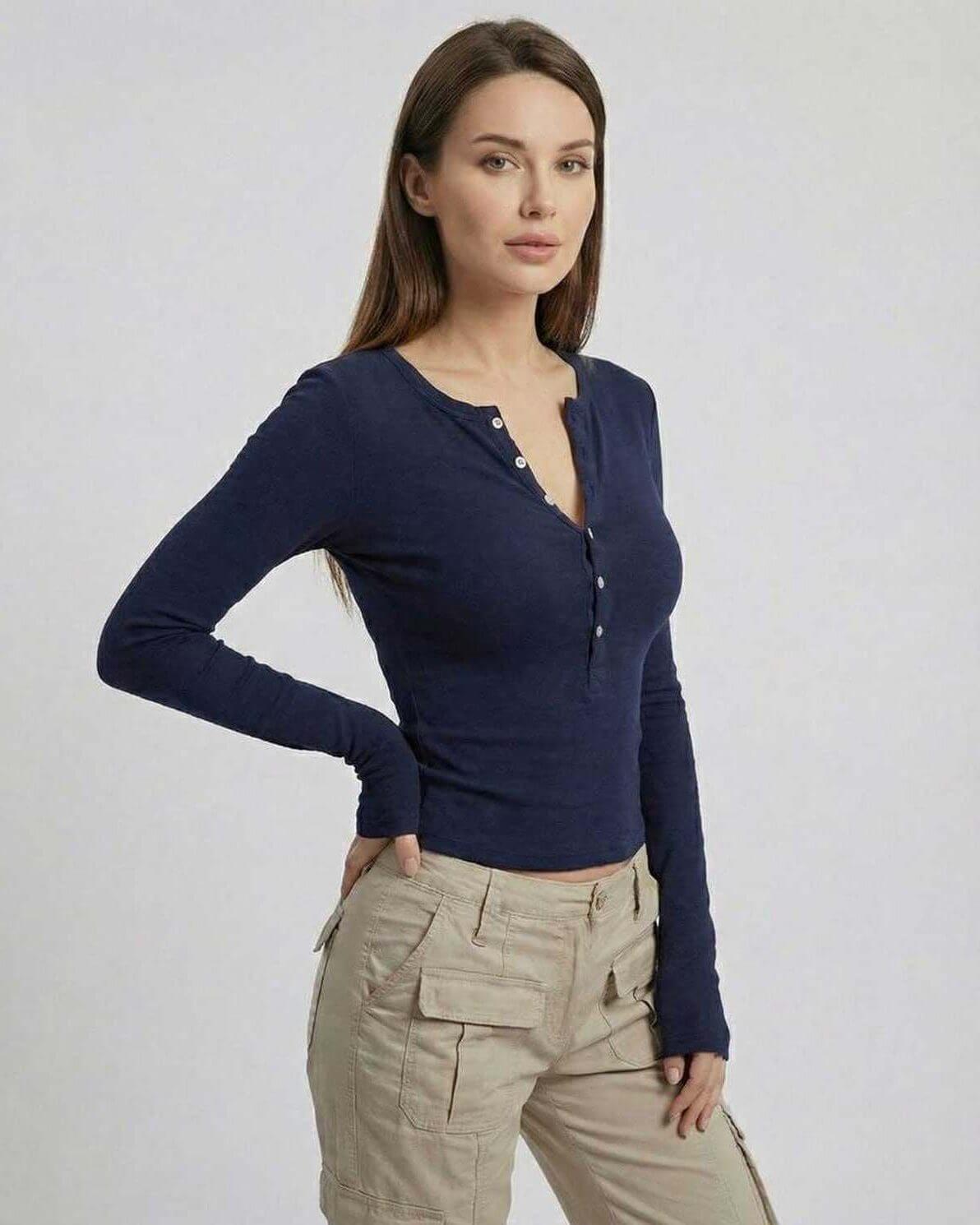 Arden Long Sleeve by Lauven, women's navy blue long sleeve top with slim fit and button placket.