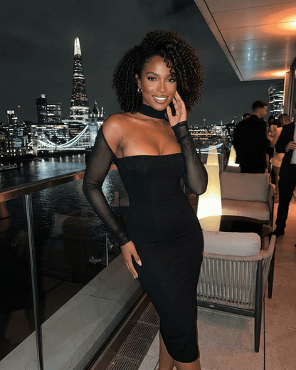 Arden Midi Dress by Lauven - Elegant black bodycon style with cutout design and long sleeves, perfect for evening events.