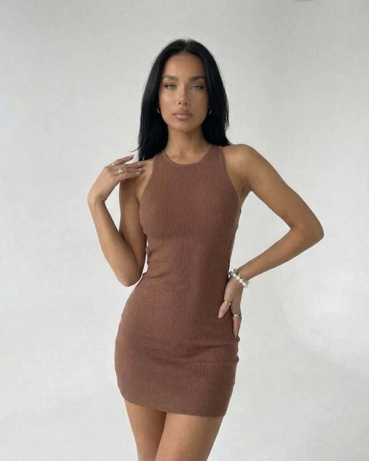 Arden Mini Dress by Lauven, sleeveless brown ribbed knit bodycon mini dress, designed for a sculpted look.
