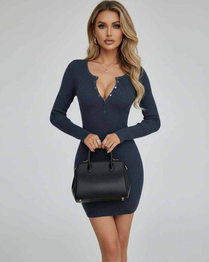Arden Mini Dress by Lauven, ribbed long sleeve bodycon style in deep navy, featuring button front and structured silhouette.