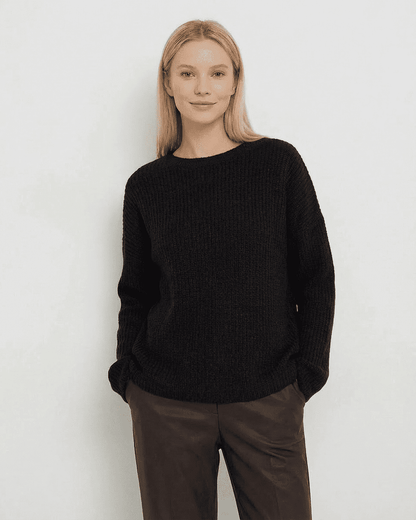 Arden Sweater by Lauven, loose fit ribbed knitwear in black with round neck and long sleeves.