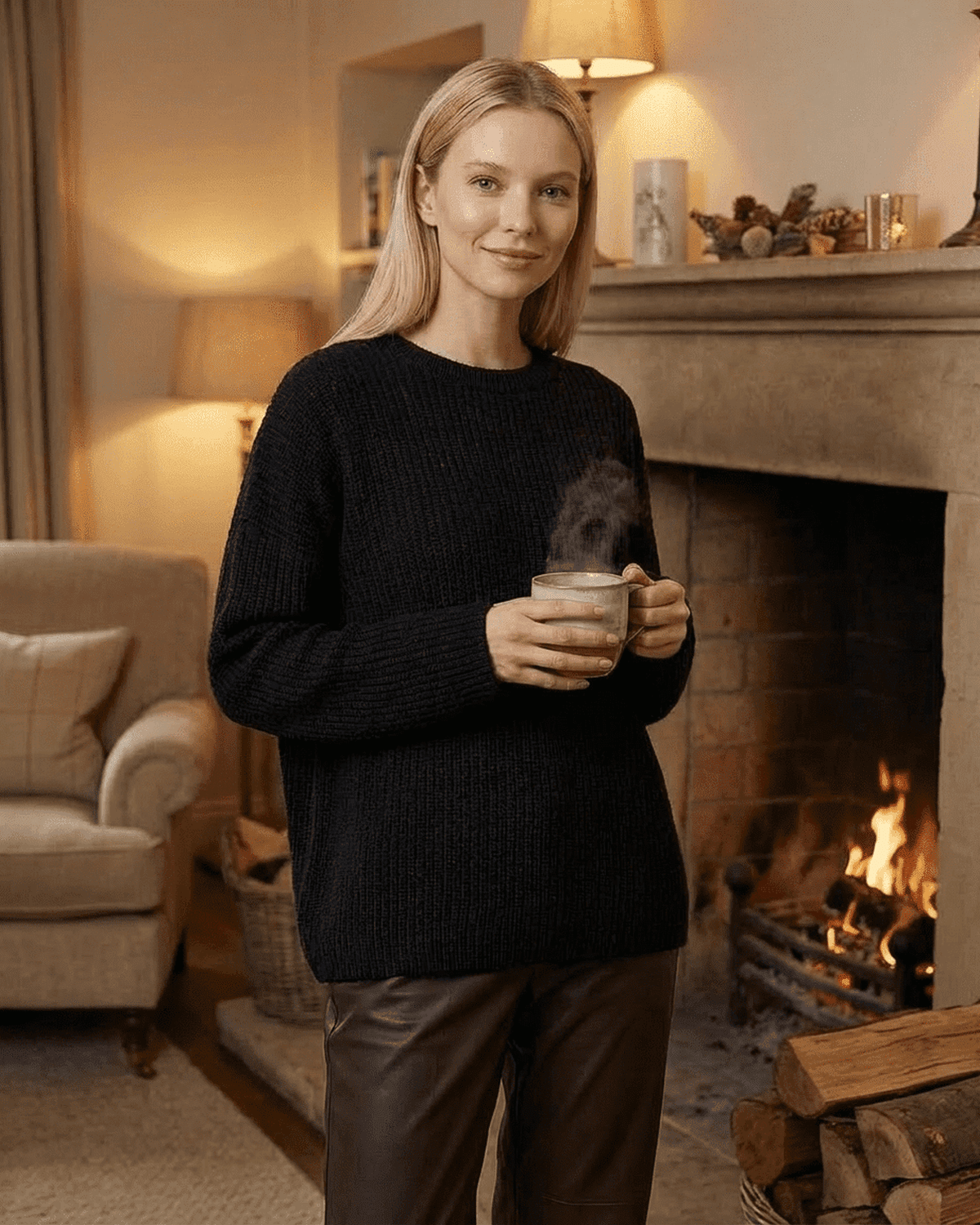 Arden Sweater by Lauven - Loose fit ribbed knitwear in a cozy setting with a woman holding a mug.