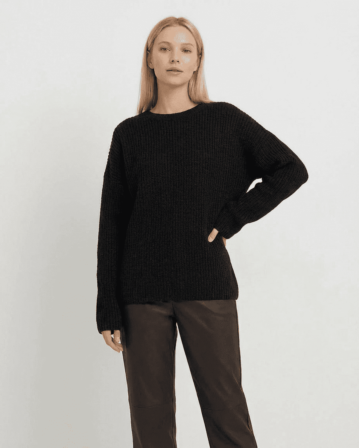 Arden Sweater by Lauven, loose fit ribbed knitwear in black with long sleeves and round neck.