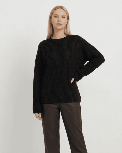 Arden Sweater by Lauven, loose fit ribbed knitwear in black with long sleeves and round neck.