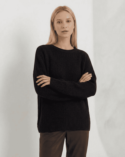 Arden Sweater by Lauven - Loose Fit Ribbed Knitwear in Black with Round Neck and Long Sleeves.