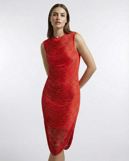 Ares Midi Dress by Lauven, a bold red bodycon dress showcasing textured flow and modern elegance.