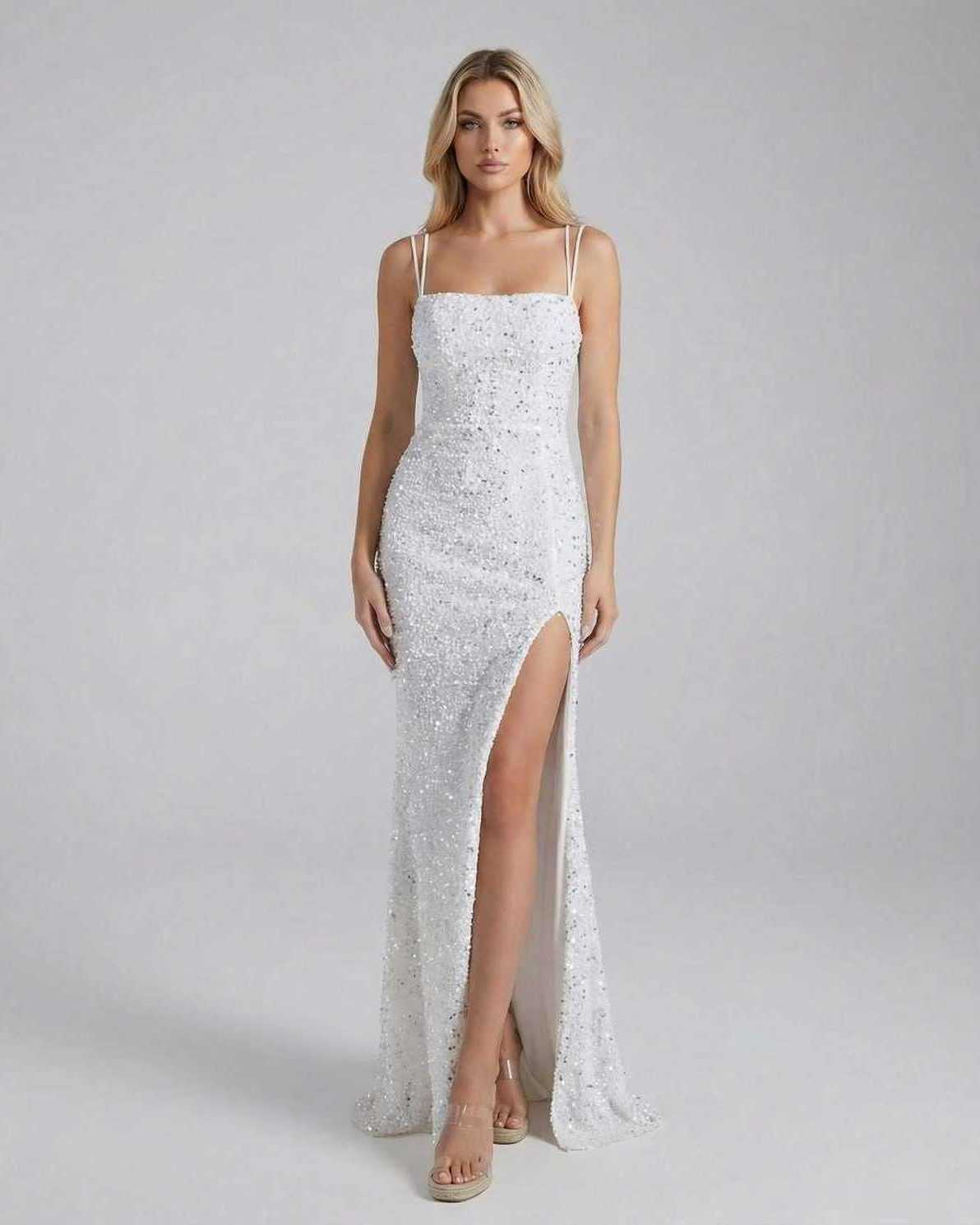 Aria Maxi Dress by Lauven featuring a white sequin floor-length silhouette and a thigh-high slit.