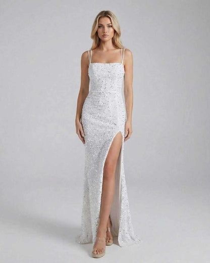 Aria Maxi Dress by Lauven featuring a white sequin floor-length silhouette and a thigh-high slit.