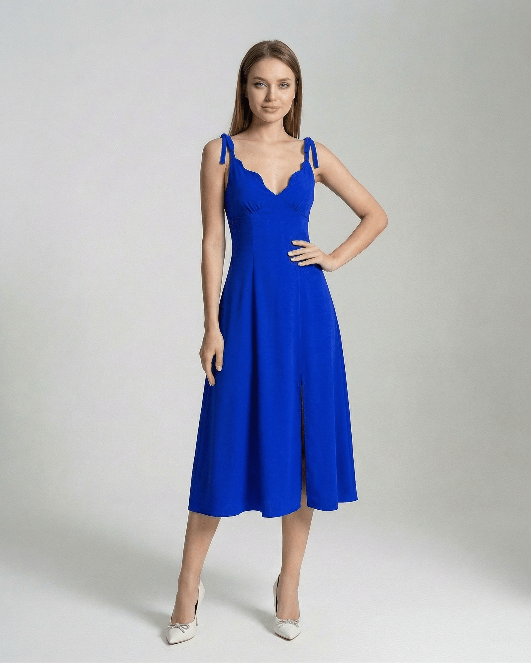 Aria Midi Dress by Lauven in stunning blue A-Line design, featuring cami straps and elegant movement.