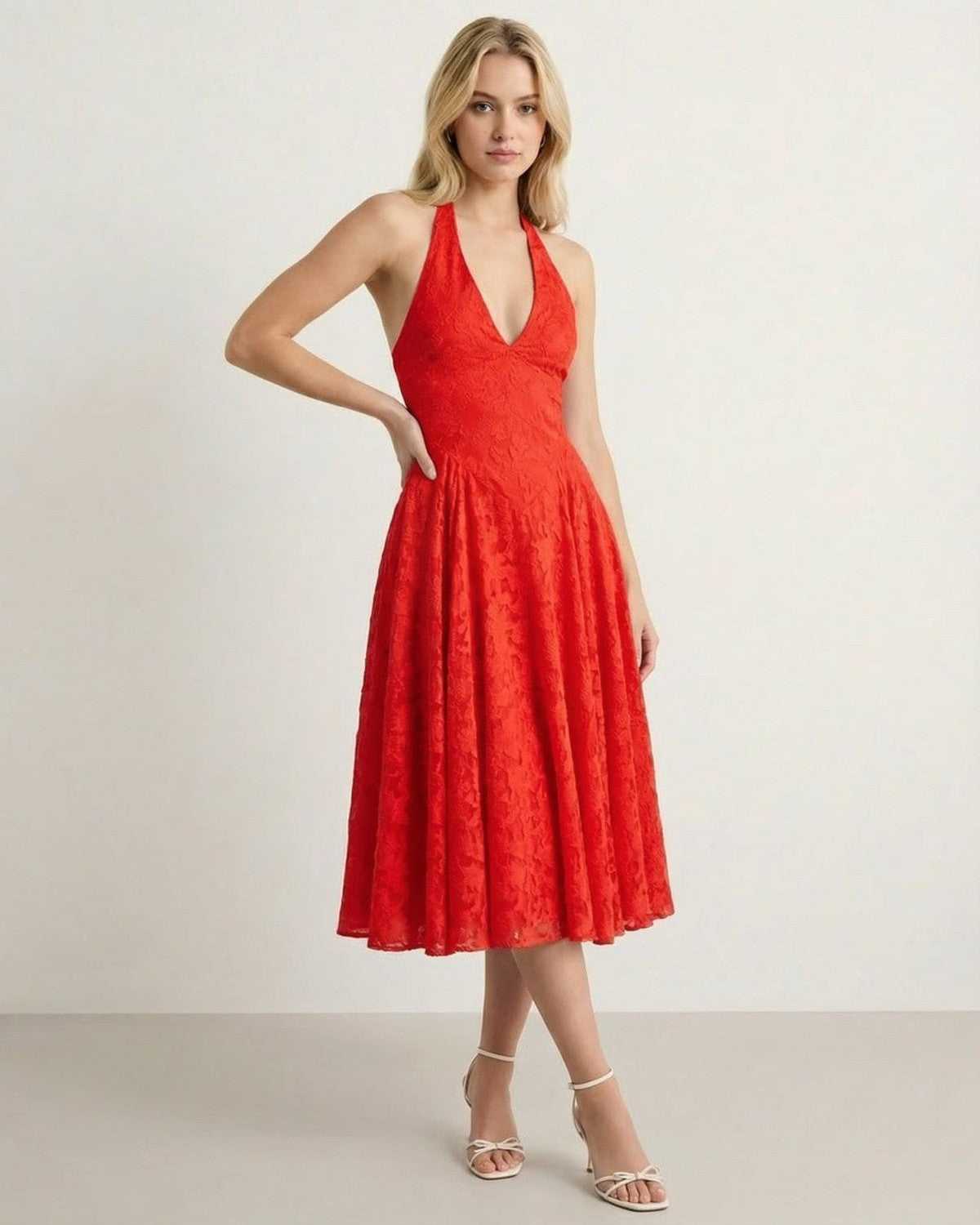 Aria Midi Dress by Lauven, women's bold A-line midi dress in red jacquard texture with plunging V-neckline.