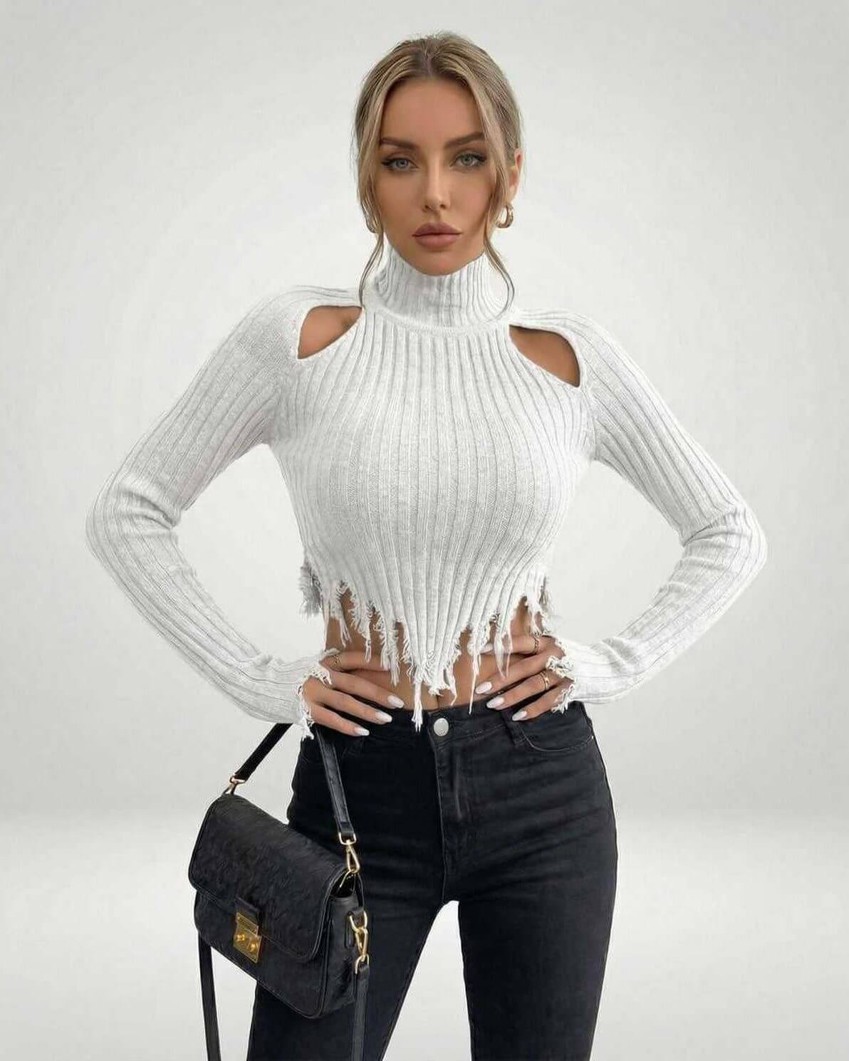 Aria Sweater by Lauven – Women’s white ribbed knit turtleneck with cutout detail and stylish frayed hem.
