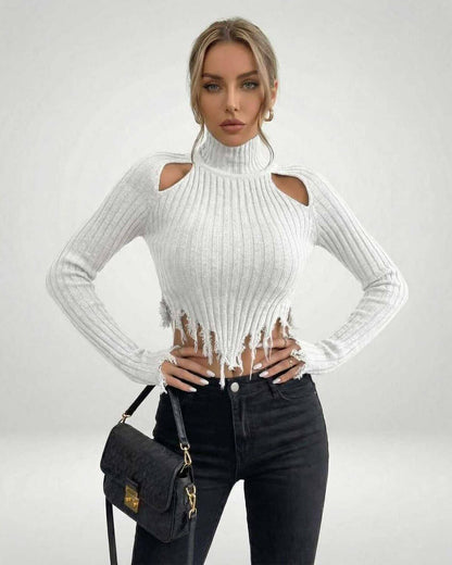 Aria Sweater by Lauven – Women’s white ribbed knit turtleneck with cutout detail and stylish frayed hem.