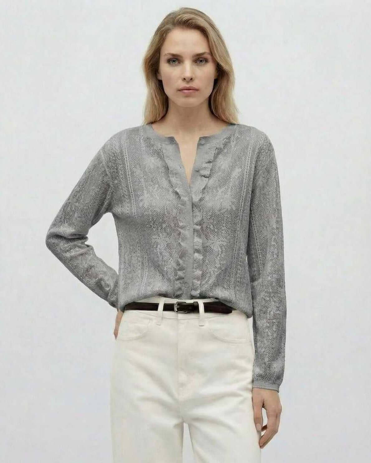 Aspen Blouse from Lauven – Gray long sleeve jacquard knit blouse with button front for elegant layering.