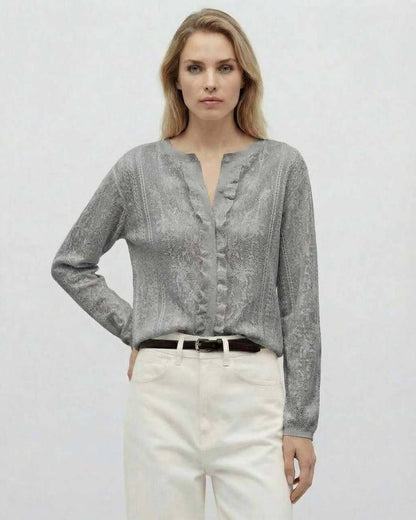 Aspen Blouse from Lauven – Gray long sleeve jacquard knit blouse with button front for elegant layering.