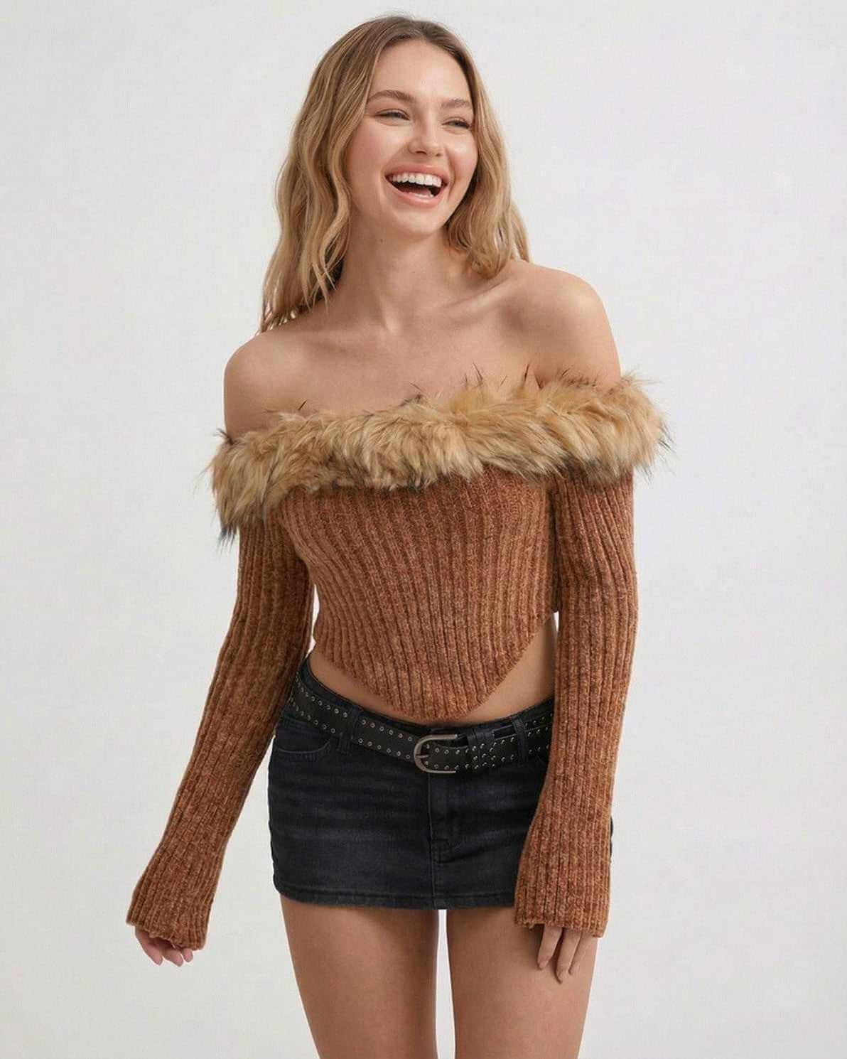 Aspen Top by Lauven - Women's off-the-shoulder top with faux fur collar, showcasing winter style in caramel brown.