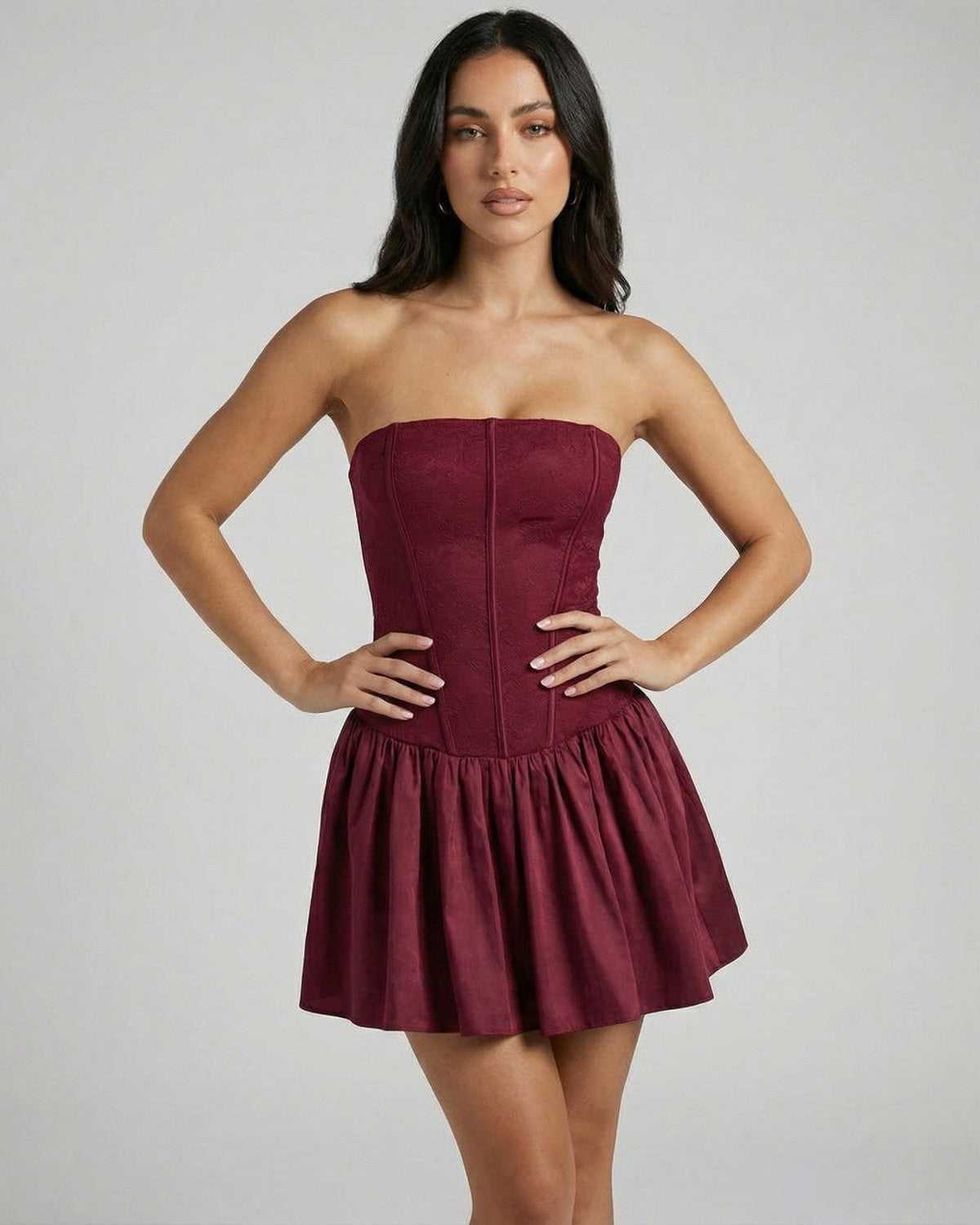 Asteria Mini Dress by Lauven, featuring a strapless corset design in rich burgundy with a flared skirt.