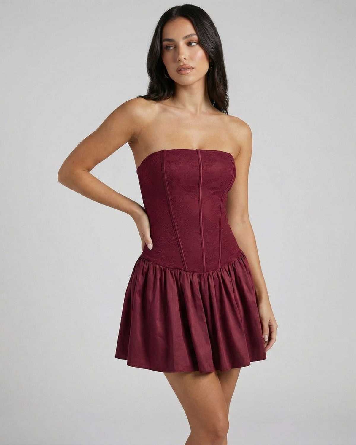 Asteria Mini Dress by Lauven - Strapless corset mini dress in rich burgundy with flared skirt, perfect for elevated occasions.