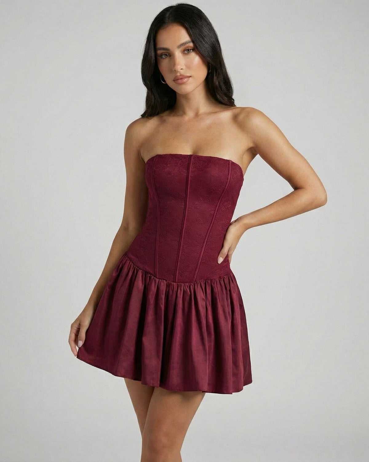 Asteria Mini Dress by Lauven - Strapless corset dress in rich burgundy with flared skirt, perfect for special occasions.