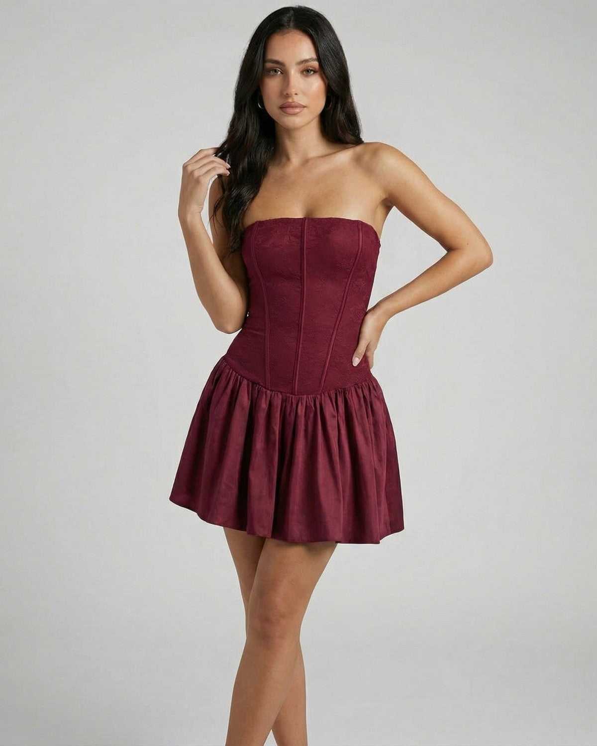 Asteria Mini Dress by Lauven - strapless corset mini dress in burgundy with flared skirt, perfect for elevated occasions.