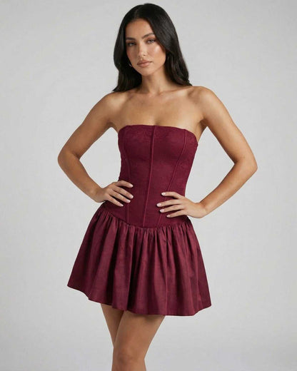 Asteria Mini Dress by Lauven, a burgundy strapless corset dress with a flared skirt, perfect for special occasions.