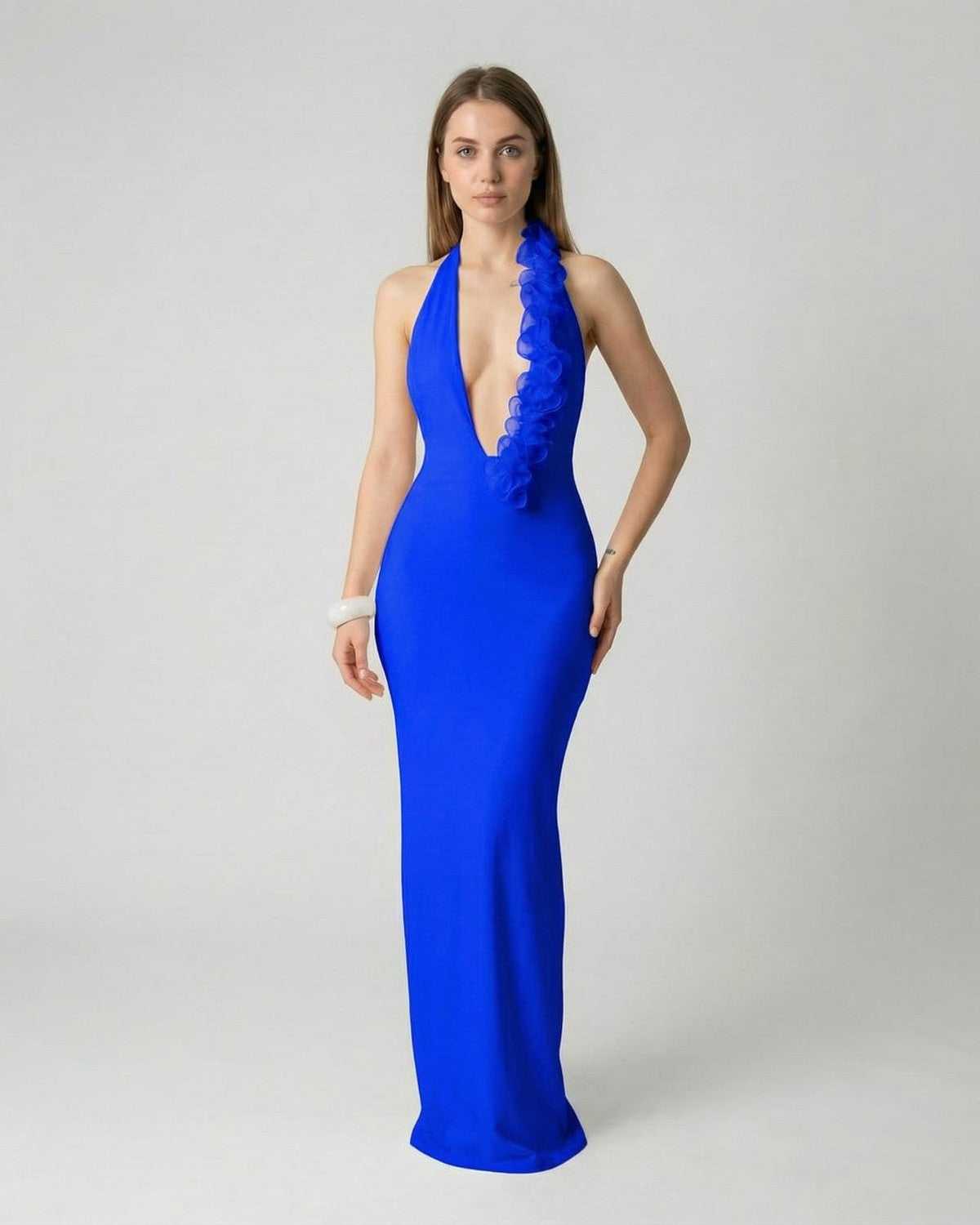 Astra Maxi Dress by Lauven, blue deep V neck backless design with 3D floral detail, showcasing a sleek silhouette.