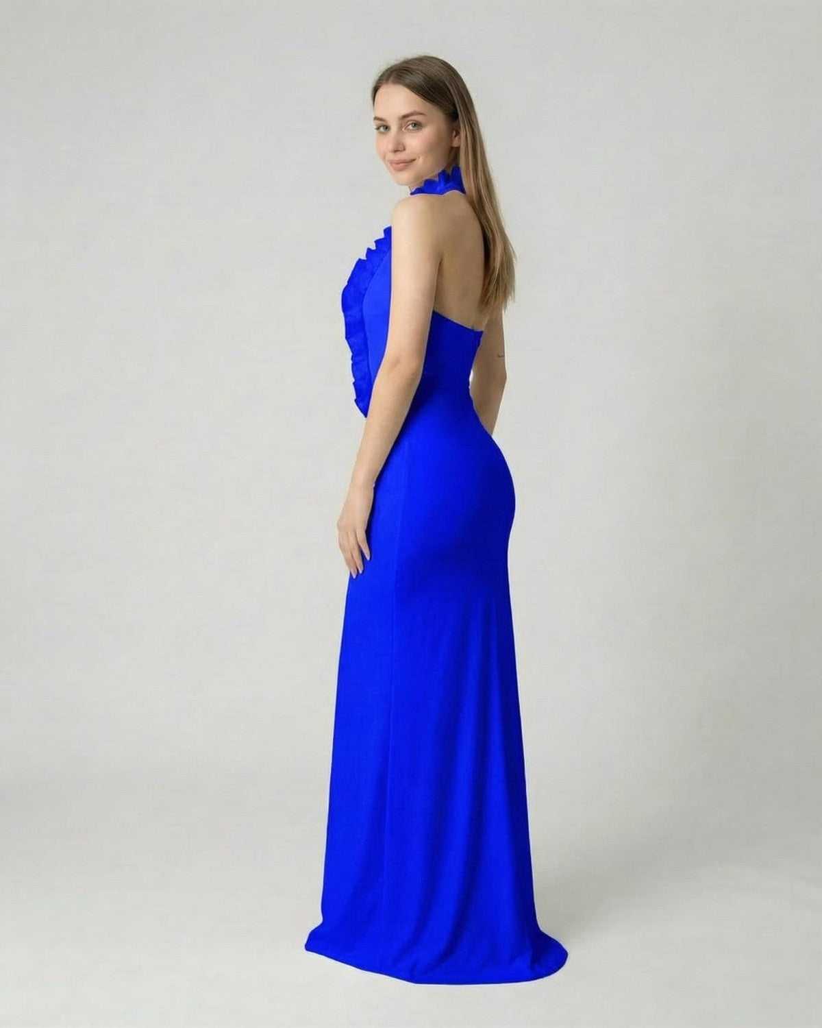 Astra Maxi Dress by Lauven, blue deep V neck backless dress with 3D floral detail.