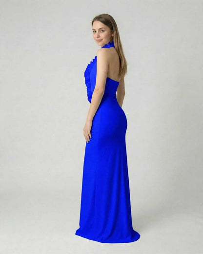 Astra Maxi Dress by Lauven, blue deep V neck backless dress with 3D floral detail.
