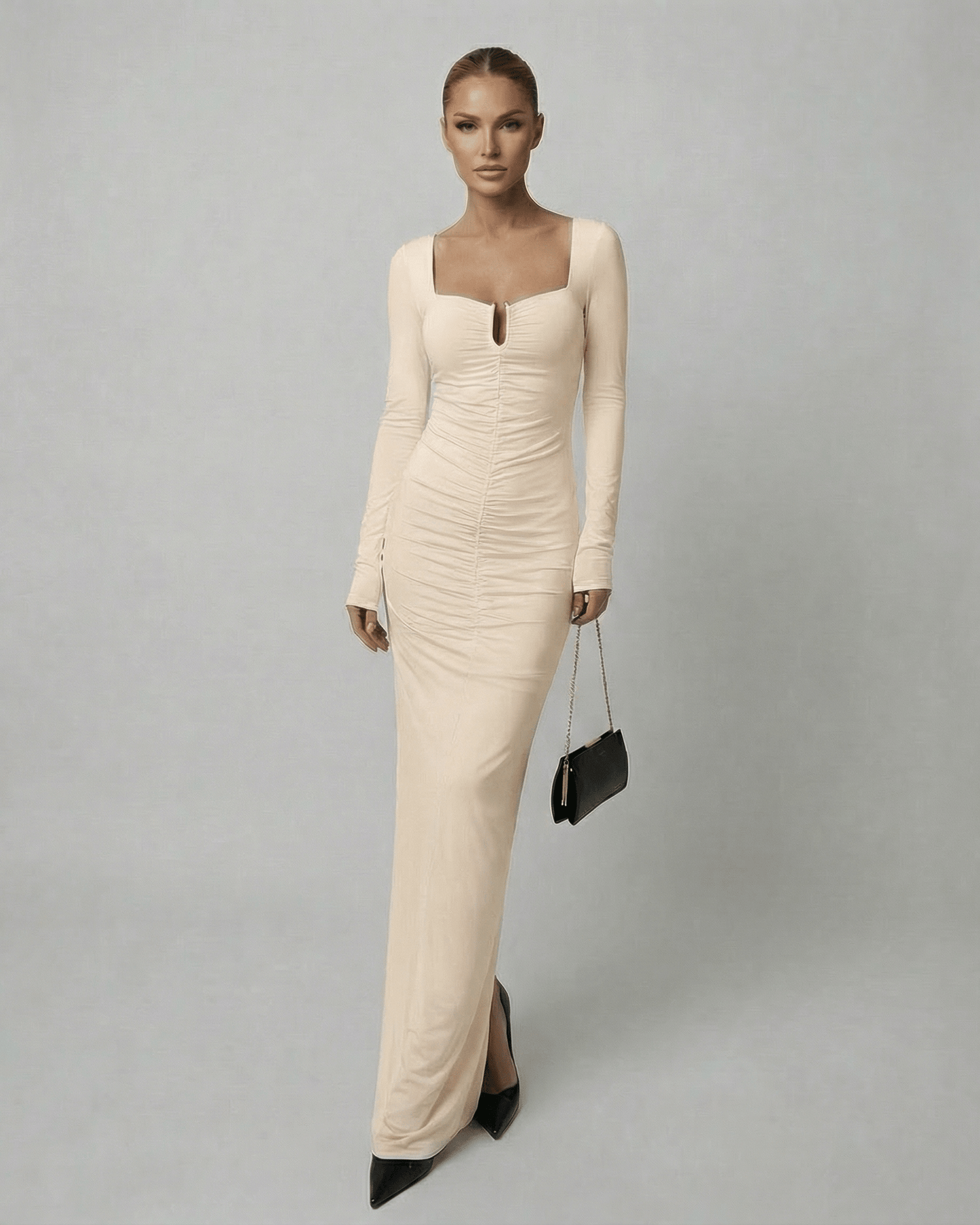 Astra Maxi Dress by Lauven - Long sleeve, square neck, high-waist soft beige dress with fluid drape and elongation.
