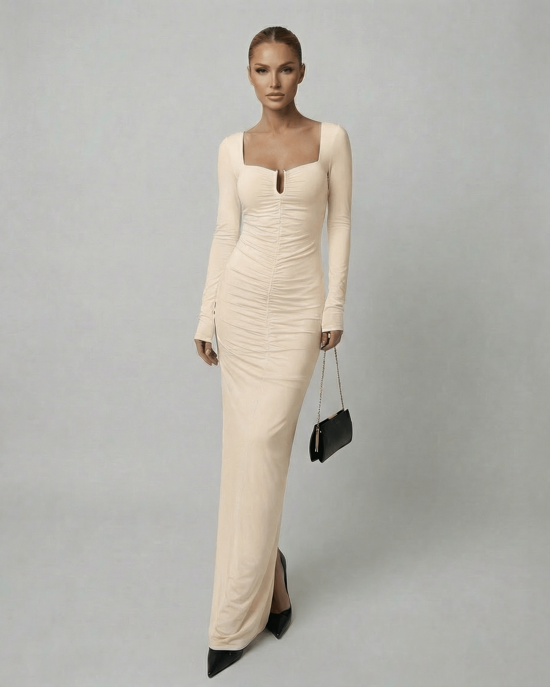 Astra Maxi Dress by Lauven - Long sleeve, square neck, high-waist soft beige dress with fluid drape and elongation.