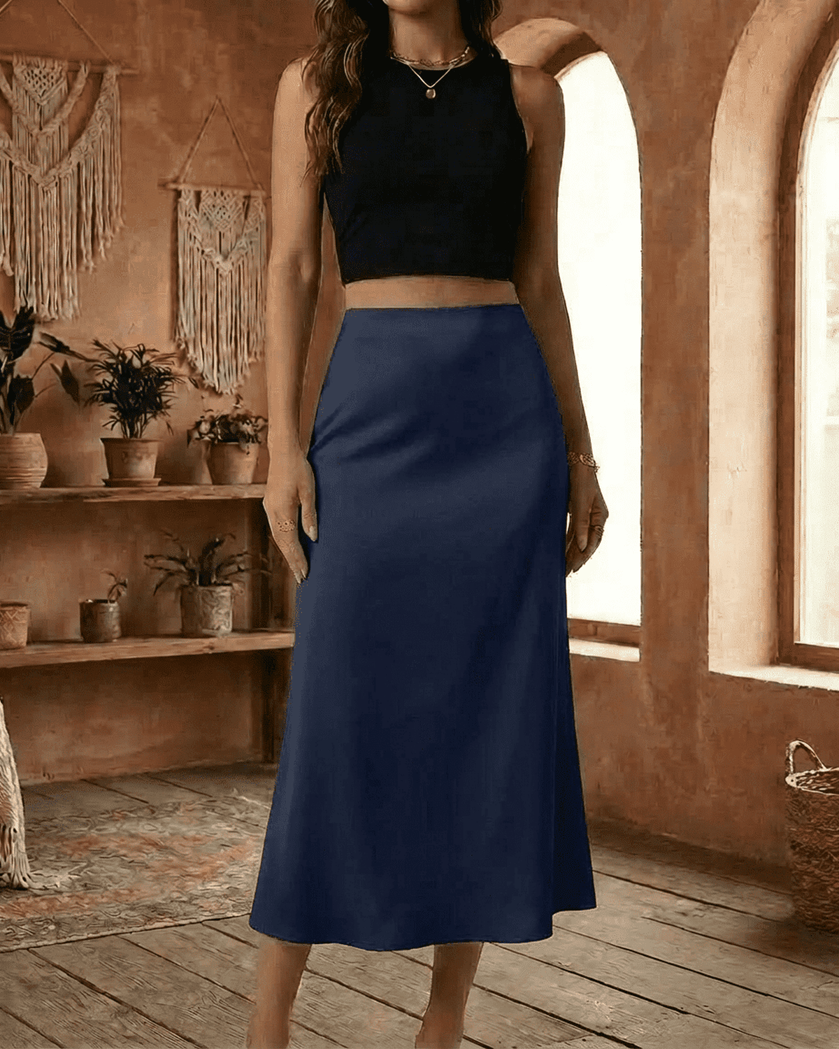 Astra Midi Skirt by Lauven in deep navy blue, satin mermaid style, showcasing smooth elegance and modern design.