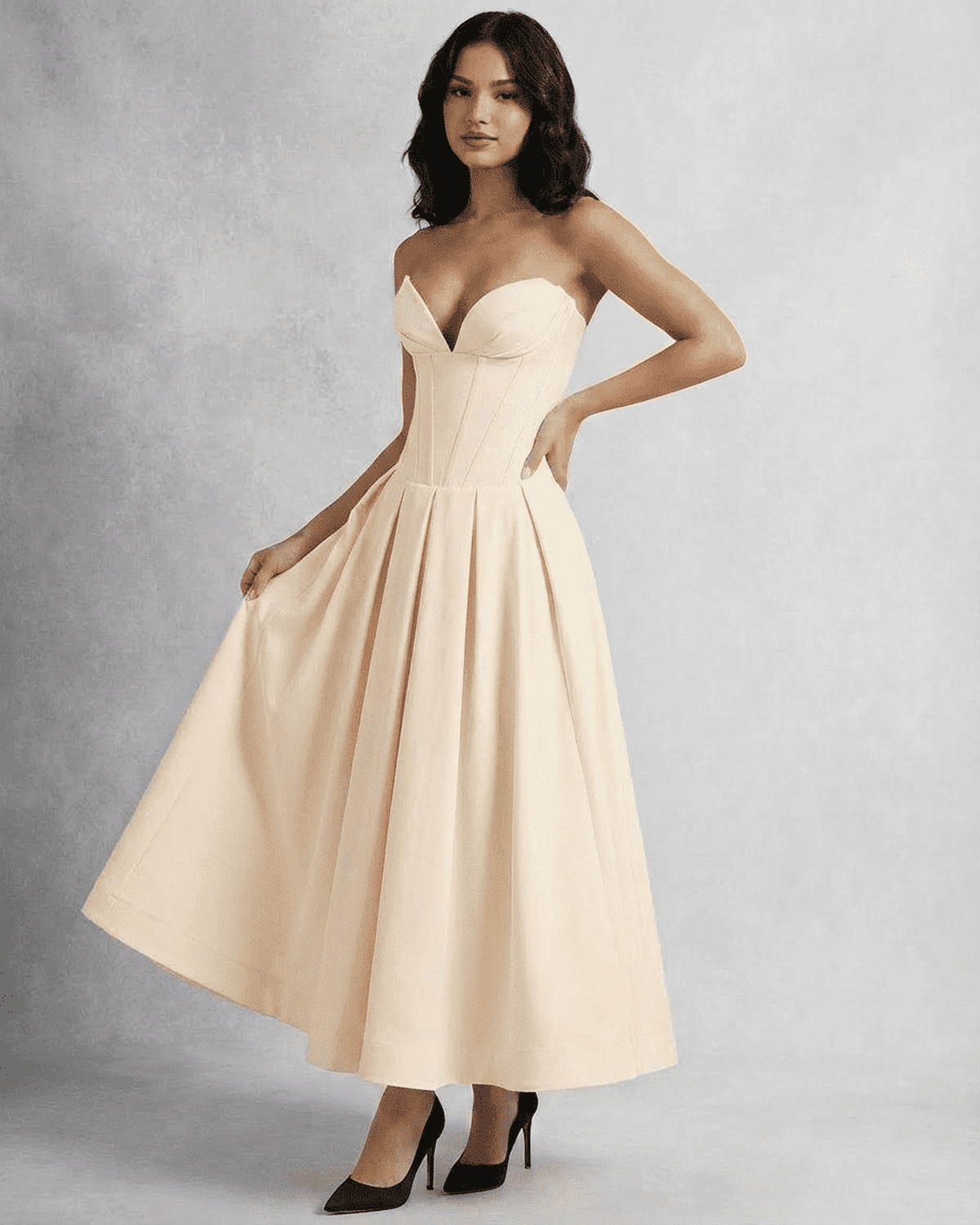 Aura Midi Dress by Lauven, elegant strapless corset A-line design that sculpts the silhouette.