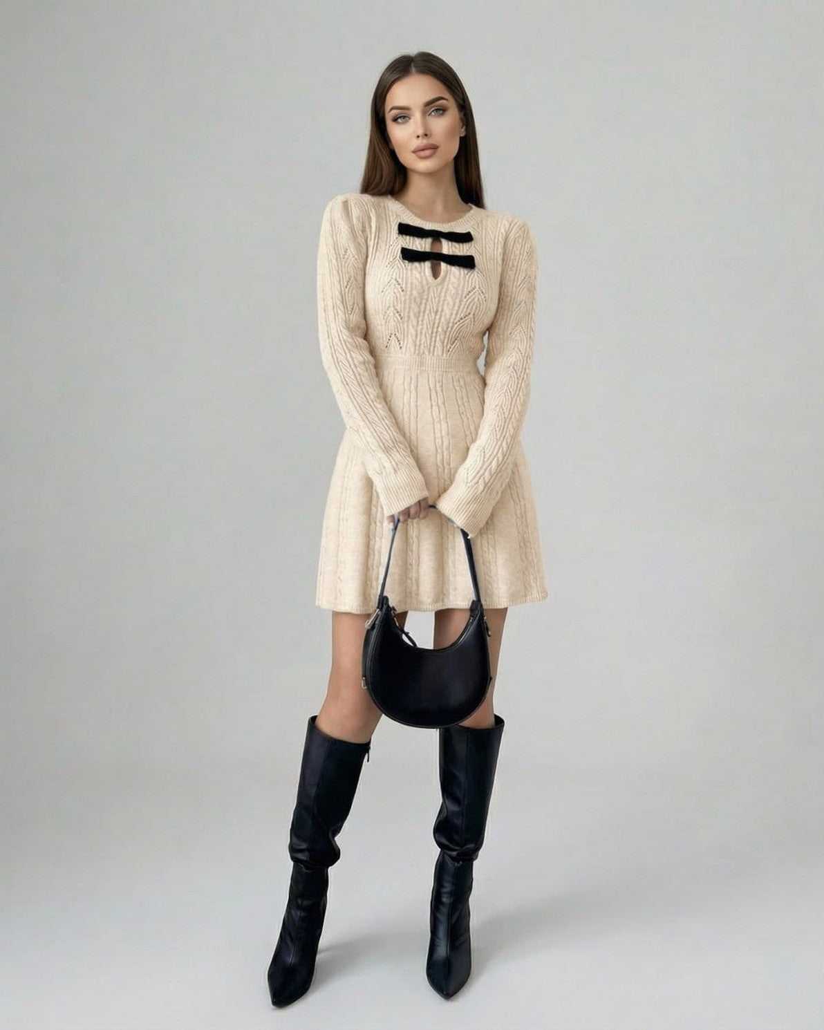 Aura Mini Dress by Lauven - Long sleeve knit mini dress with bow detail in soft beige.