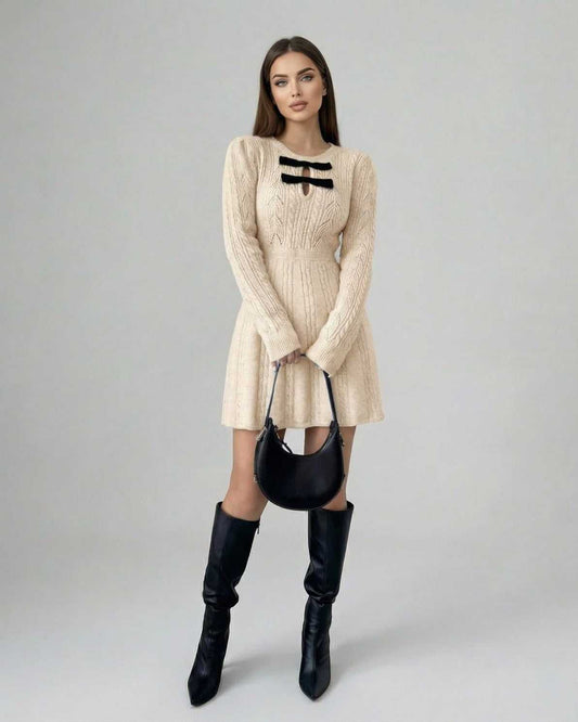 Aura Mini Dress by Lauven - Long sleeve knit mini dress with bow detail in soft beige.
