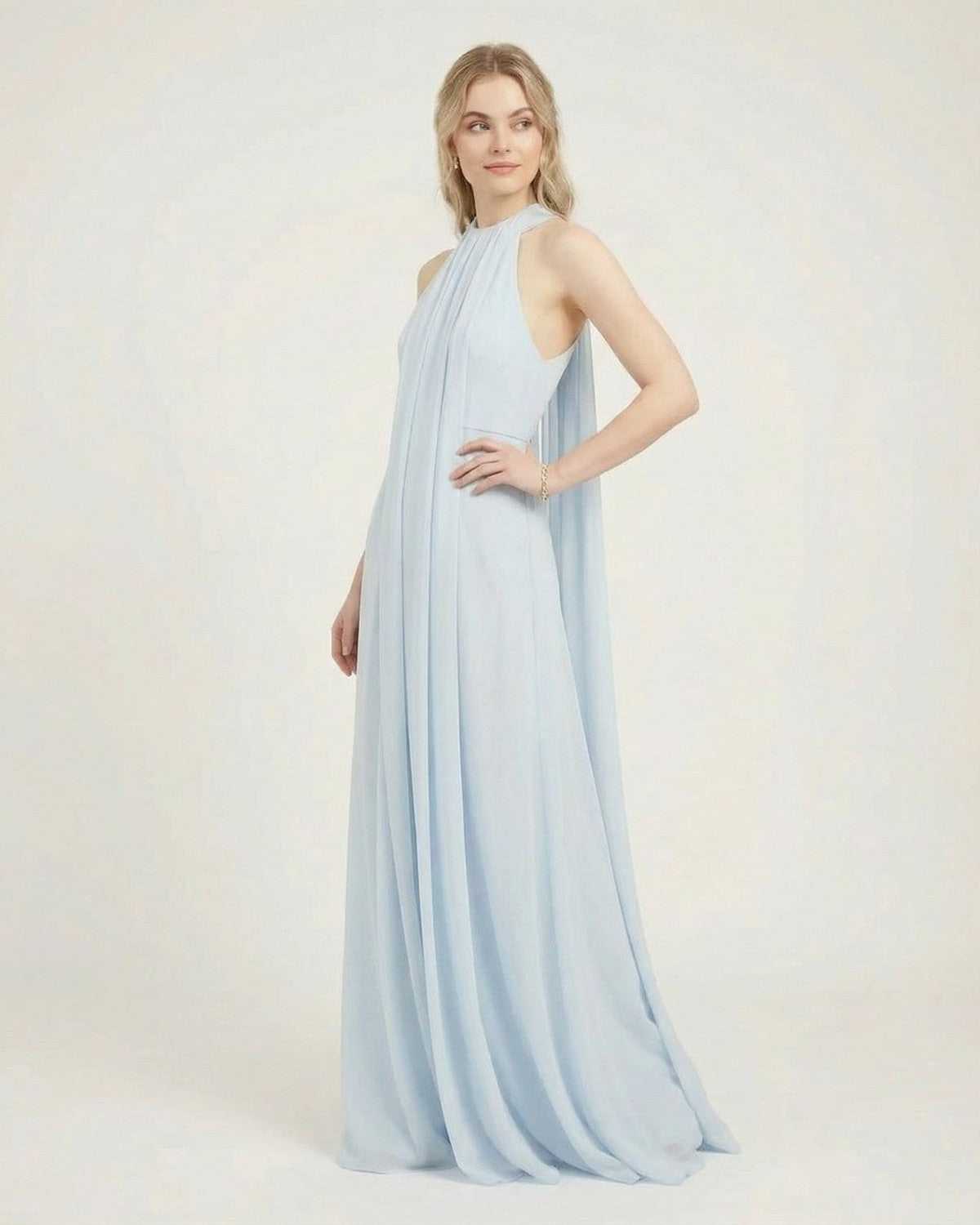 Aurelia Maxi Dress by Lauven, light blue halter neck sleeveless dress with a flowing silhouette and relaxed fit.