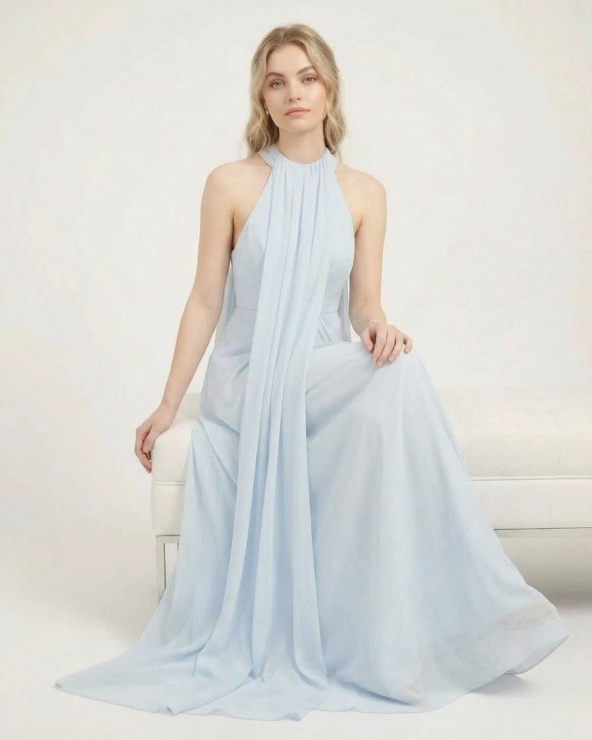 Aurelia Maxi Dress by Lauven - Light Blue Halter Neck Sleeveless Maxi Dress with Loose Fit.
