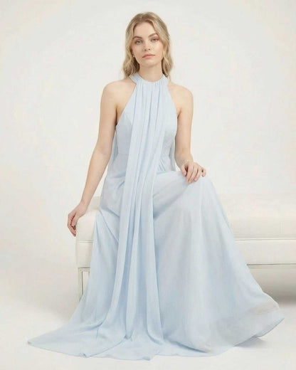 Aurelia Maxi Dress by Lauven - Light Blue Halter Neck Sleeveless Maxi Dress with Loose Fit.