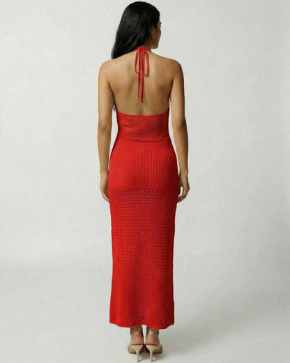 Aurelia Maxi Dress by Lauven – Red Crochet Halter Maxi Dress with Open Back, showcasing its elegant silhouette.