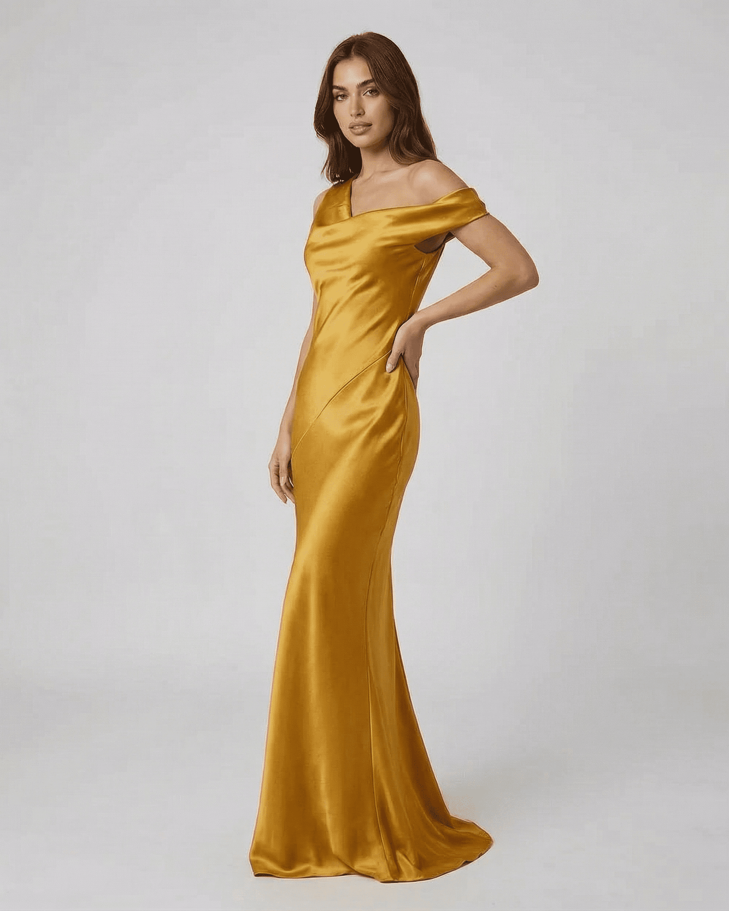 Aurelia Maxi Dress by Lauven, satin gold maxi dress with high waist and open back for elegant evening wear.