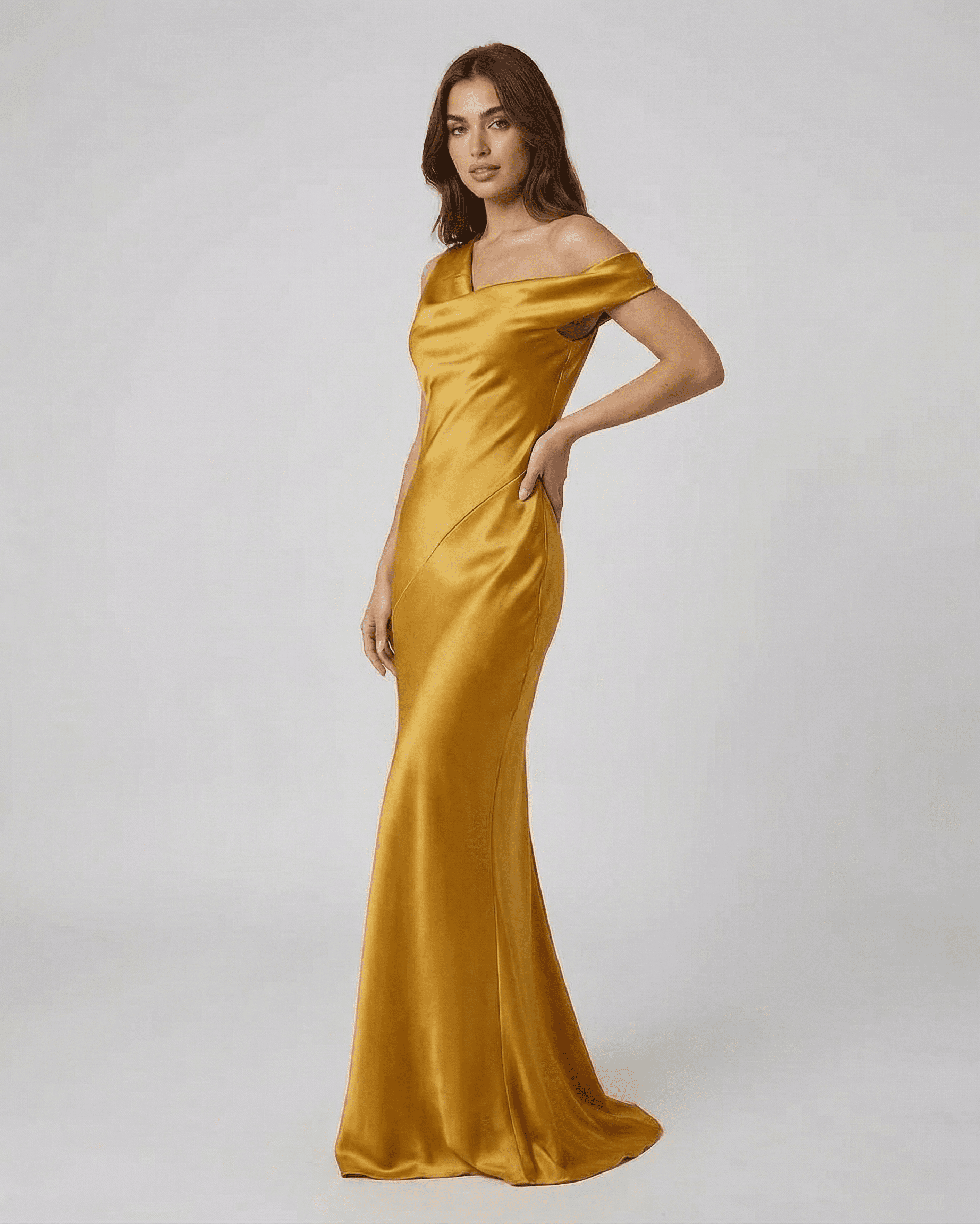 Aurelia Maxi Dress by Lauven, satin gold maxi dress with high waist and open back for elegant evening wear.