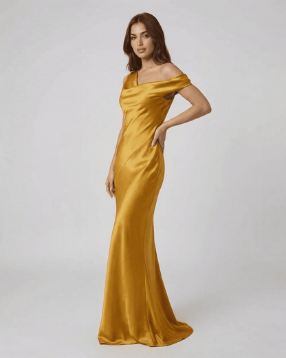 Aurelia Maxi Dress by Lauven, satin gold maxi dress with high waist and open back for elegant evening wear.
