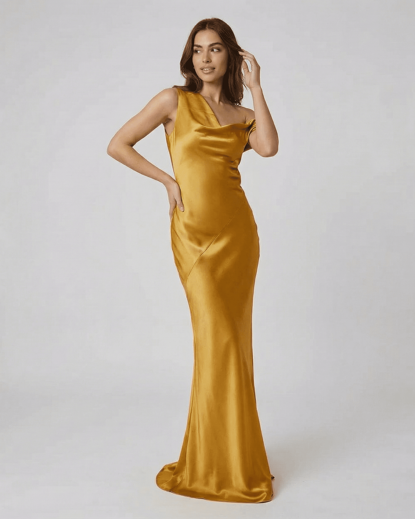Aurelia Maxi Dress by Lauven, a satin gold maxi dress featuring a sleek silhouette and elegant open back.