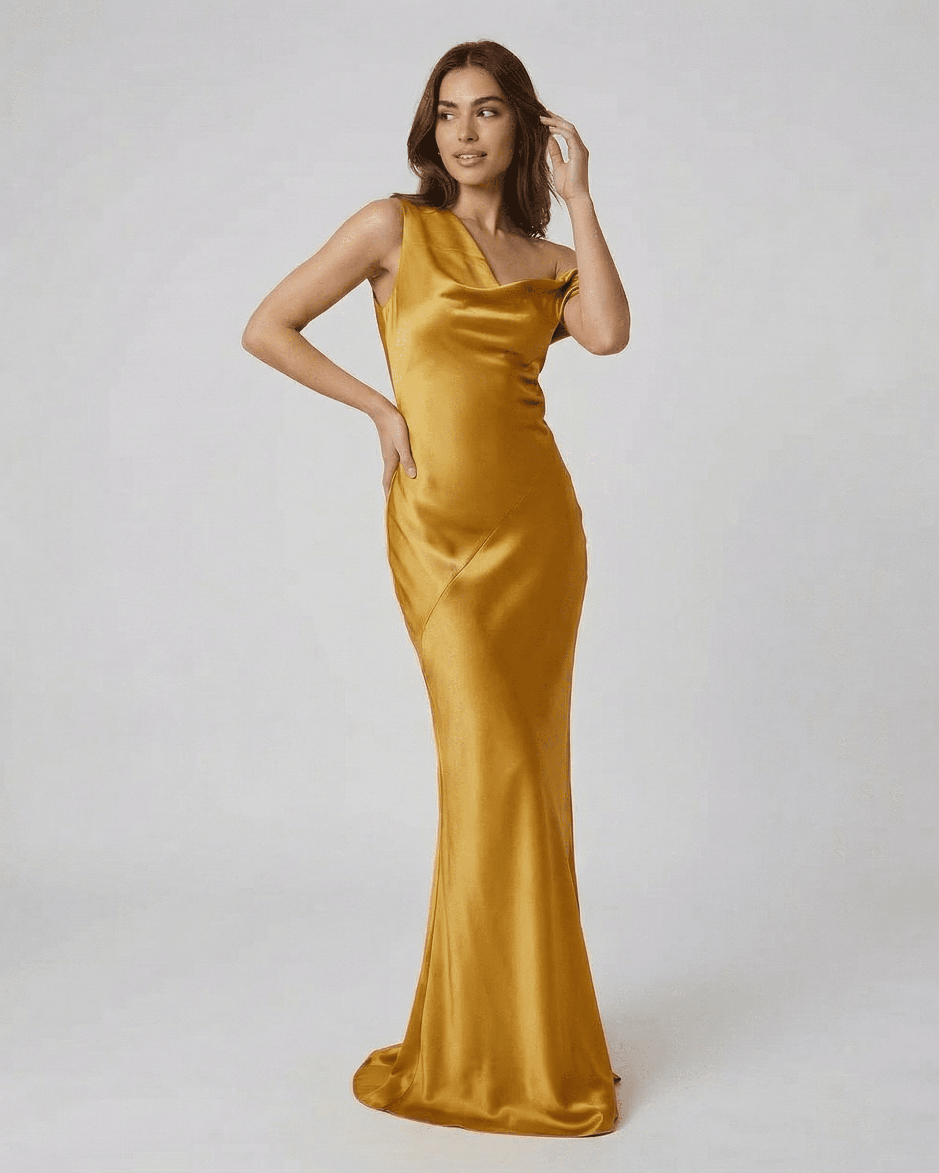 Aurelia Maxi Dress by Lauven, a satin gold maxi dress featuring a sleek silhouette and elegant open back.