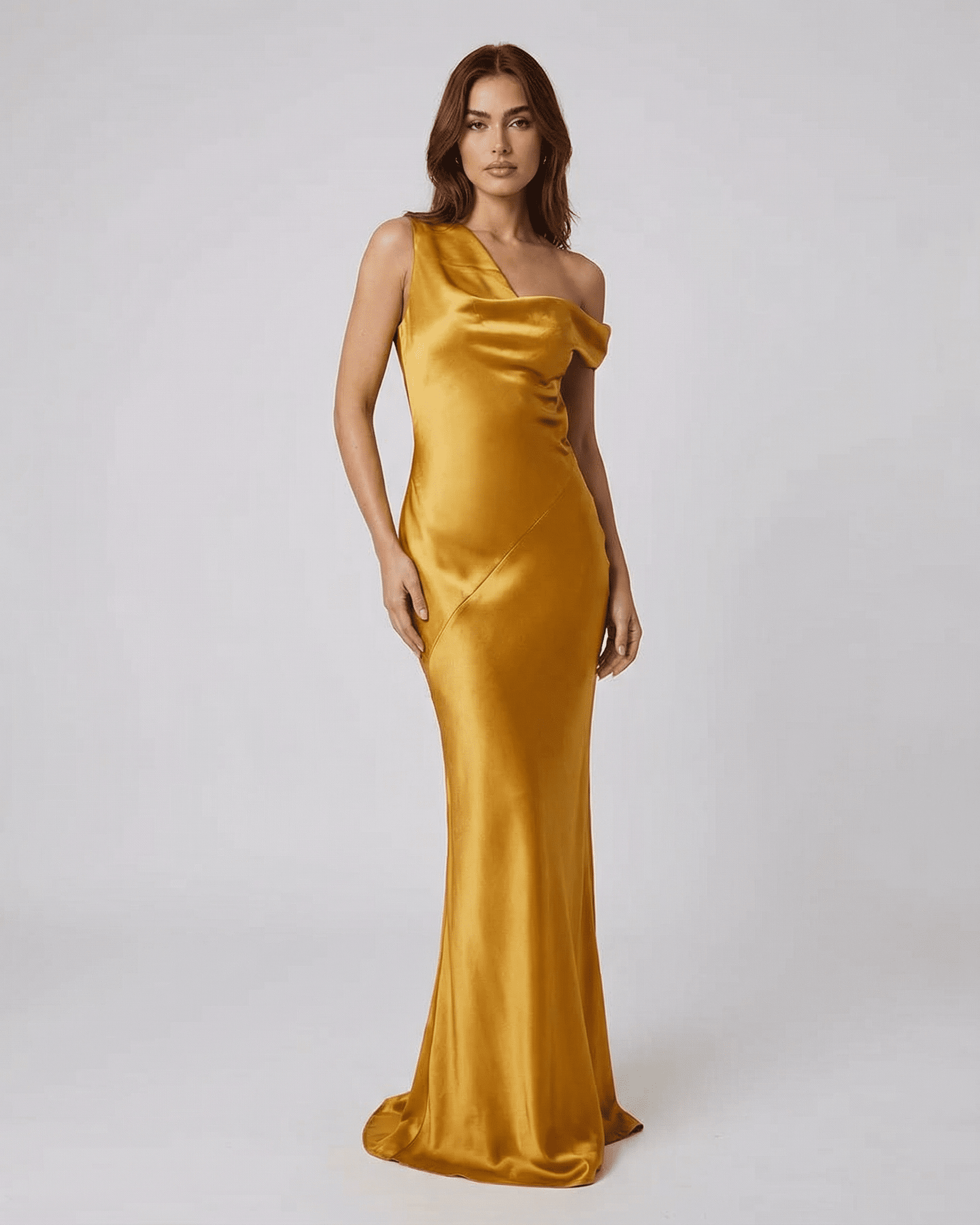 Aurelia Maxi Dress by Lauven - Satin gold maxi dress featuring a high waist and elegant open back.