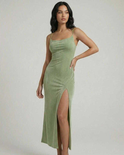 Aurelia Midi Dress by Lauven featuring a green slim fit silhouette with a square neck and asymmetrical slit.