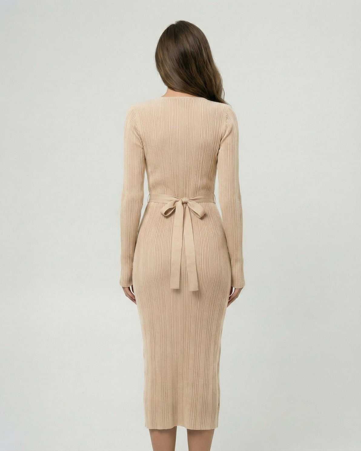 Back view of the Aurelia Midi Dress by Lauven featuring a ribbed texture and tie detail.