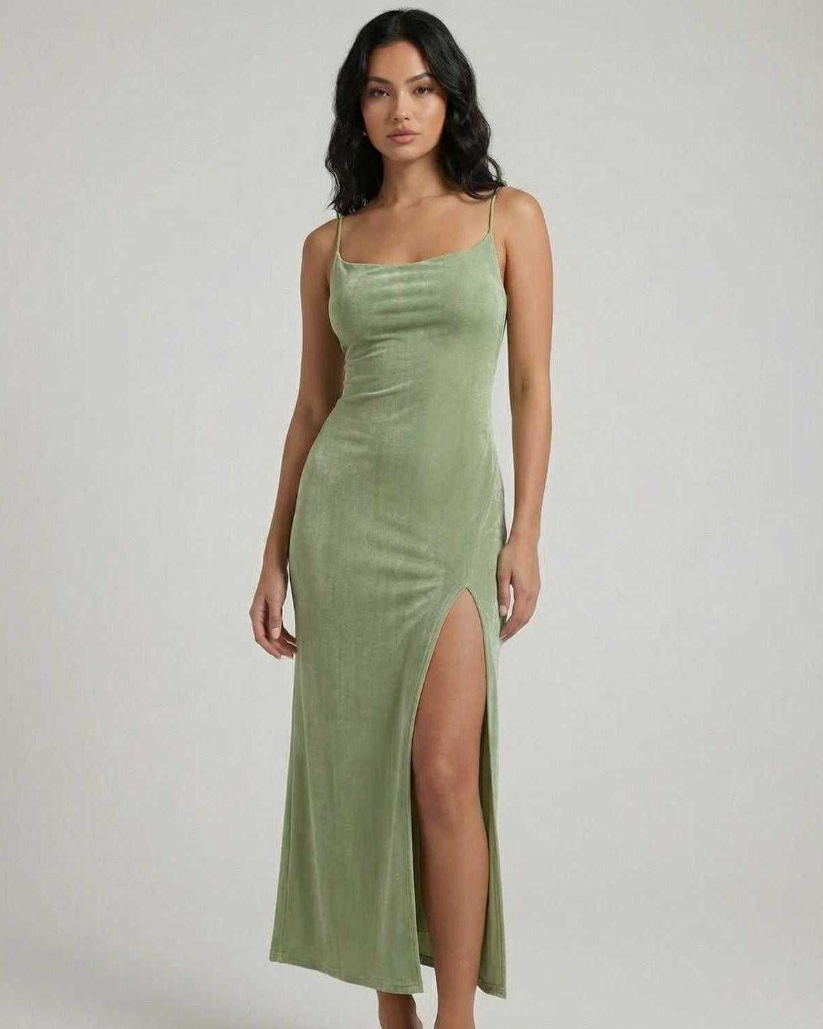 Aurelia Midi Dress by Lauven, featuring a square neck, slim fit, and asymmetrical slit in green stretch fabric.